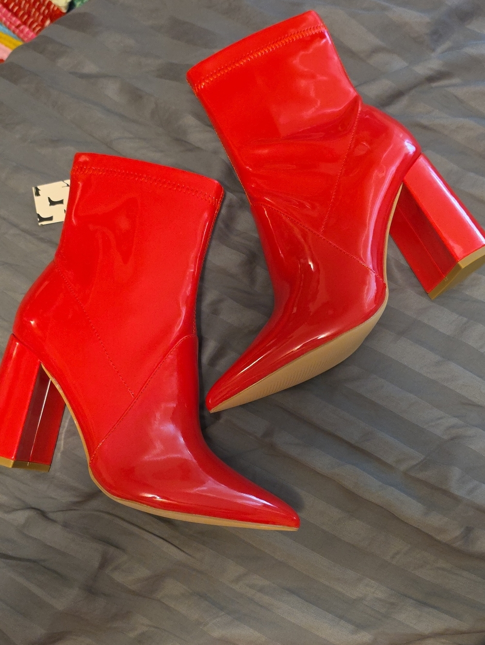 NWT Red Patent Pointed Ankle Boots with Block Heel